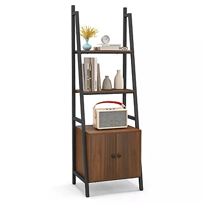 Ladder Shelf 3 Tier Bookcase Metal Frame Bookshelf W/Storage Cabinet Plant Stand • $129.99