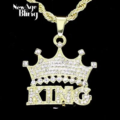 Iced Crown Cubic Zirconia King Pendant 24  Rope Chain 14k Gold Plated Hip Hop  • $8.97