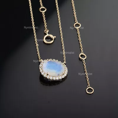 Genuine Oval Rainbow Moonstone Diamond Necklace Solid 14K Yellow Gold Jewelry • $399