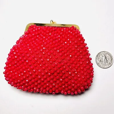 Vintage Beaded Coin Purse Handmade Red Gold Frame Kisslock Retro • $14.73