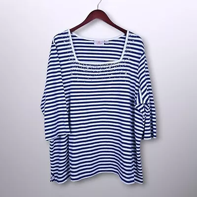 Quacker Factory Top Womens 3X Blue White Stripe Rhinestone Star Knit Shirt • $24.94