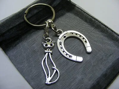 £3.95 • Buy Lucky Horseshoe & Cute Cat Charm Keyring With Gift Bag (NC)