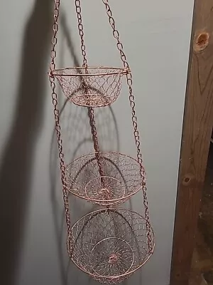 Vintage 3 Tier Wire Mesh Copper Hanging Fruit Basket Collapsible Retro Farmhouse • $18.95