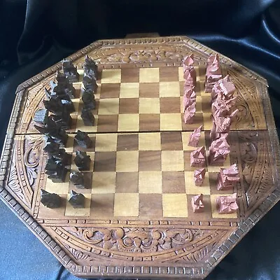 Bali Hand Carved Wood Vintage Chess Board Folding Octogon With ALL Game Pieces • $49.95