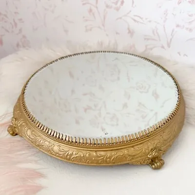Round Beveled Vanity Plateau Mirror Gold Silver Plate Footed Tray Ornate Vintage • $300