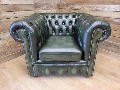 Distressed Chesterfield Antique Green Leather Club Armchair Tub Lounge Chair • £250