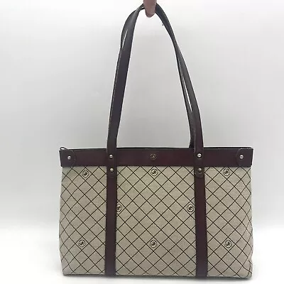 Vintage John Romain Purse Handbag Canvas Leather All Over Logo Burgundy Trim • $54.88