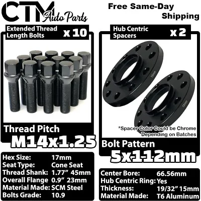 2x 15mm Thick 5x112 66.56mm C.B Wheel Spacer + 14x1.25 Black Bolt Fit Latest BMW • $55.19