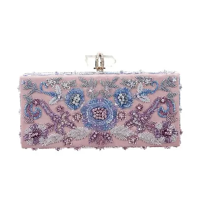 Marchesa Pink Blue Floral Beaded Clutch Evening Bag Crystal Lock • $815