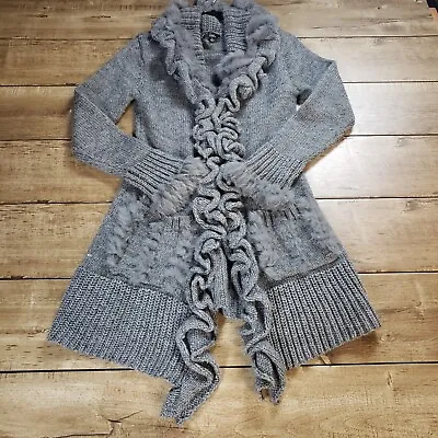 Y2K SIONI Sweater Womens Small Gray Cardigan Lagenlook Rabbit Fur Trim VTG Bojo • $39.99