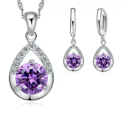 925 Sterling Silver Earring Set Purple Crystal Rhinestone Necklace Pendant Set  • £5.39