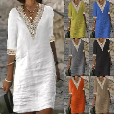 Women's V Neck Cotton Linen Dress Ladies Holiday Casual Baggy Dresses Plus Sizes • £12.82