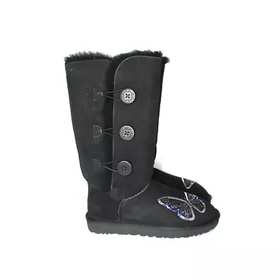 Uggs Bailey Button Triplet II' Boot In Black Butterflies Sequence Sz 9 • $180