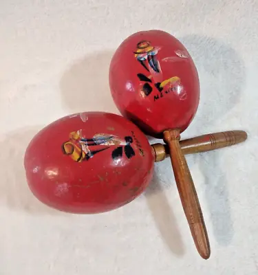 2 Maracas Mexican Wood Handle Gourd Shakers Hand Painted Oblong 10  Long • $10