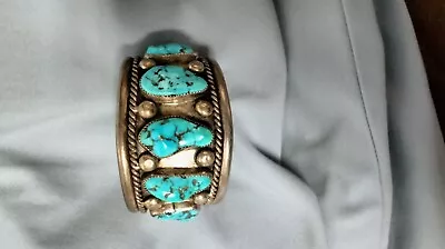 Sterling Silver Old Navajo Hallmarked Turquoise 5 Nuggets 70s Men's Cuff • $695