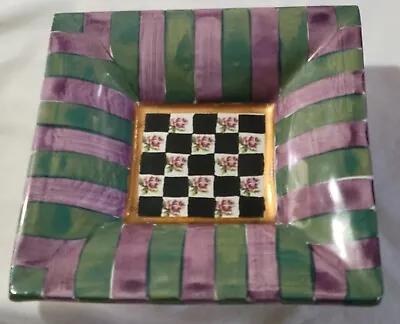 Mackenzie Childs Kelp & Urchin  Square Bowl Green Purple Stripe Rose Black Check • $136.07
