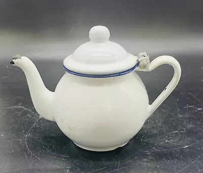 Vtg. Enamel Small White W/Blue Trim Teapot W/Hinged Lid • $12