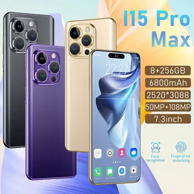 New I15 Pro Max 7.3  Android Smart Phone 8+256GB Double SIM  Mobile Phone Hot • £143.99