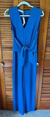 NWT Mango MNG Linen Blue Sleeveless Bow Wrap Jumpsuit Size Medium • $25