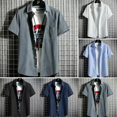 Men Short Sleeve Button Down Shirts Summer Casual Loose Plain Shirt Blouse Top ‖ • $11.96