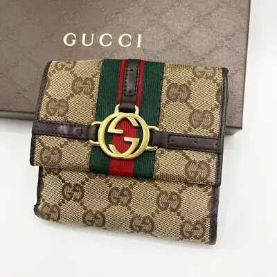 Gucci Sherry Line Bifold Wallet Brown GG Interlocking G W Hook Leather Canvas • £122.48