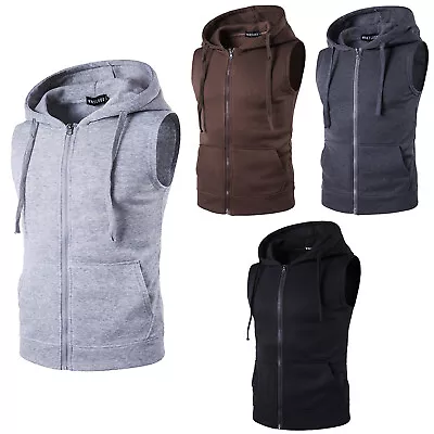 Men's Sleeveless Full Zip Tank Top Hooded Shirts Solid Sweatshits Muscle Vest • $15.26