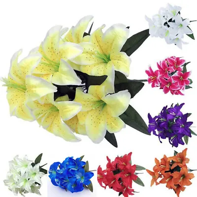 Artificial Fake Lily Silk Flowers Bouquet Bunch Wedding Party Home Decor UK • £5.33