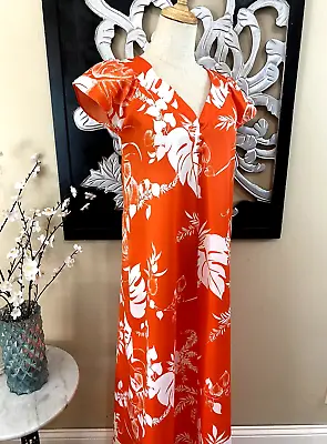 VTG MALAMA Sophisticates Hawaiian Muu Muu Orange Floral Maxi Dress 10 EUC Hemmed • $44.91
