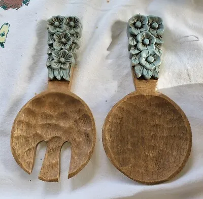 Set Of Hand Carved Mango Wood Ornamental Salad Cutlery Green Flower Handles 10  • $18