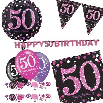 50th Party Decorations Banners Balloons Birthday Supplies Tableware Black Pink • £2.90