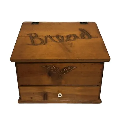 Vintage Wooden Bread Box Wheat Carved Engraved Lift Top Drawer Country Large • $48