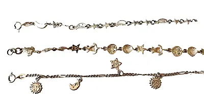Lot Of 3 Vintage Sterling Silver Charm Bracelets Sun Moon Stars Turtles • $5