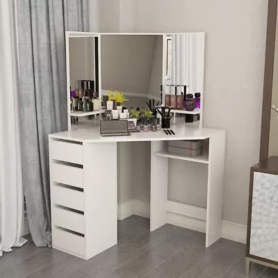 £159.99 • Buy  Corner Dressing Table Makeup Vanity Table 111cm Length With 3 Mirrors And Stool