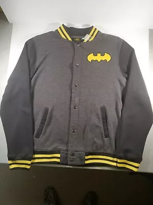 Batman Dc Comics Fleece Jacket Mens-med Snap Button Black/grey/yellow Vtg • $22.98