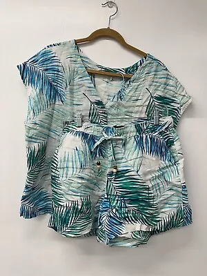 Linen Top & Bottom Large Summer Set Blue Green Palm Tropical Beach Tahari • $33