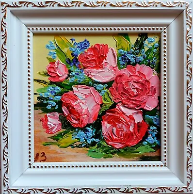 $25 • Buy Original Roses Painting Frame Pink Flowers Miniature Wall Art Garden Floral