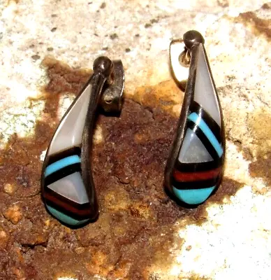 Vintage Zuni Inlay Half Hoop Post Earrings Turquoise Coral MOP Sterling Silver • $60