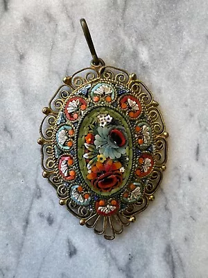 Vintage Italian Micro Mosaic Tile Pendant-Floral-Gold Tone Red Flower Italy • $24.99