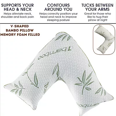 V-Shaped Memory Foam Bamboo Pillow Filled Orthopedic Back Neck Maternity Support • £20.99