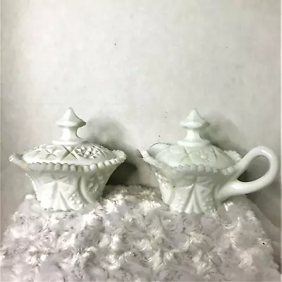 Kemple Yutec Pattern Vintage White Milk Glass Creamer And Sugar Dish With Covers • $24.99