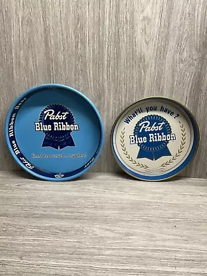 Pabst Blue Ribbon Beer Pair Of Serving Tray  Tin Metal Round What'll You Have? • $49.99