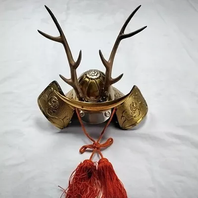 Vintage Samurai Cast Iron Japanese Kabuto Helmet Staghorn Deer Horn Ornament • $64.50
