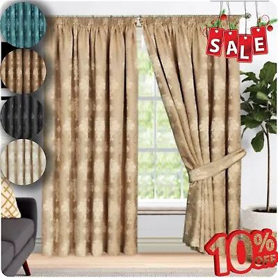 Luxury Jacquard Curtains Pencil Pleat  Fully Lined Curtain + Tie Backs All Sizes • £27.85