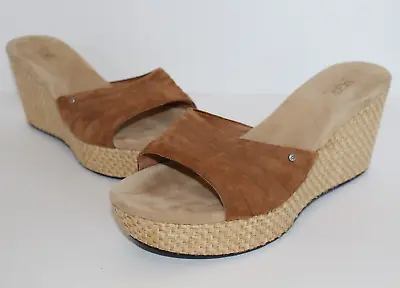 UGG Alvina Wedge Sandals Womens Brown Suede Leather Open Toe Slip On Shoes • $24.99