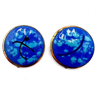 Vintage Earrings Round Multicolor Enameled Copper Clip On Abstract Asymetrical • $9.82