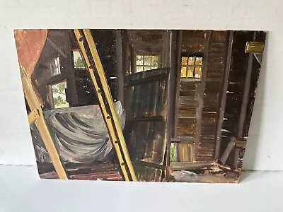 Vintage Oil Painting On Canvas Board 10” X 14” Interior Rustic Cabin Boat Garage • $29.95