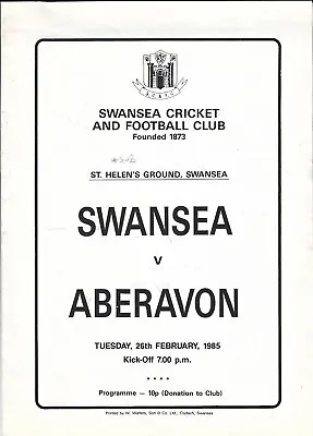 Swansea V Aberavon 26 Feb 1985 RUGBY PROGRAMME • £4.99