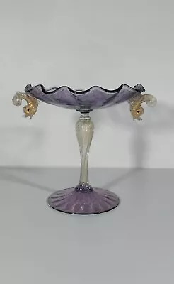 Murano Venetian Art Glass Pedestal Compote Bowl Dolphin Fish Purple Gold  • $199