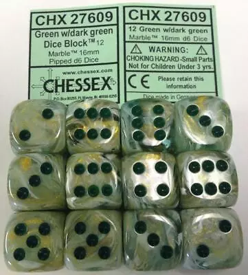 Chessex Dice D6 Set 16mm Marble Green Swirl/ Dark Green 6 Sided Die 12 CHX 27609 • $9.78