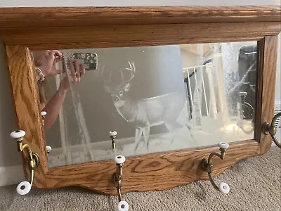Antique Deer Etched Mirror Coat Hanger Oak Framed With Brass Porcelain Hangers • $150